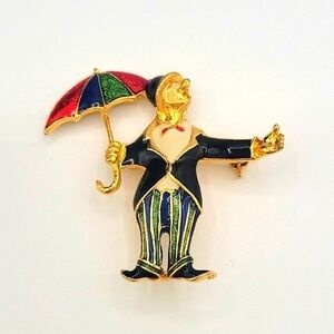 Vintage Singing Clown w/ Umbrella Brooch Enamel & Gold Tone